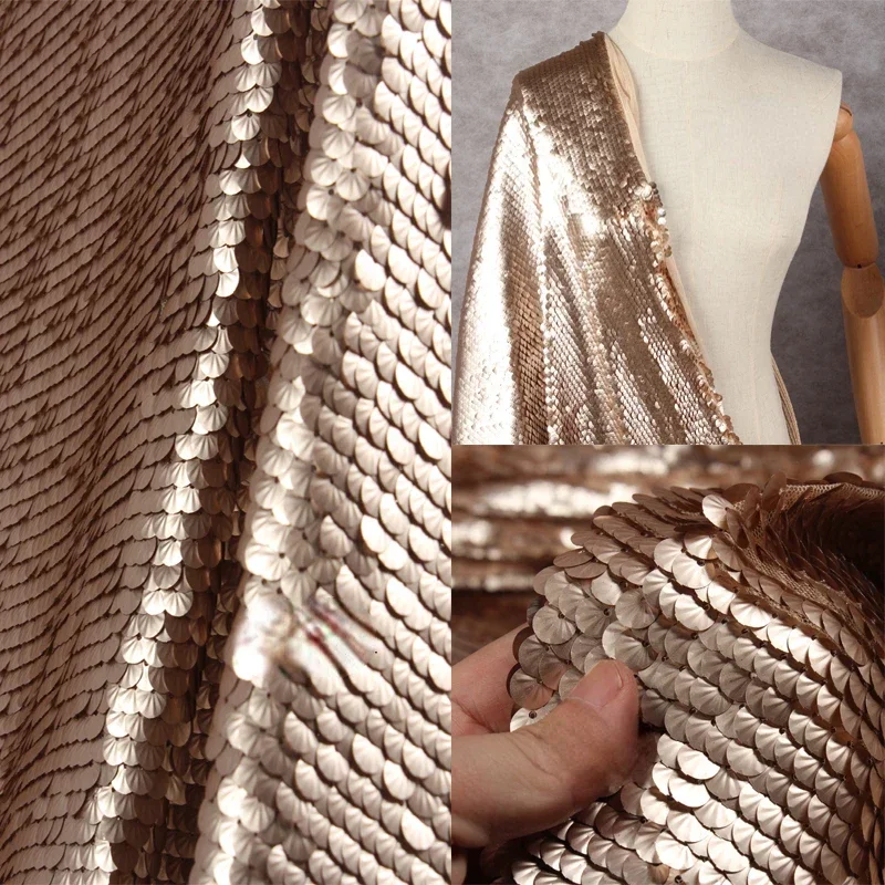 Kovová rybia stupnica Stage Gold Fliter Tkanina pre oblečenie svadobné šaty Garmen Designer Tkanina Široký 130 cm predávaný dvorom