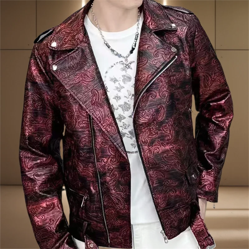 Kovová zlatá priadza Jacquard pánska kožená bunda špičková kvalita luxusného punk club outfit bunda Mencoat Jaqueta Bomber Motorcycle Bunda