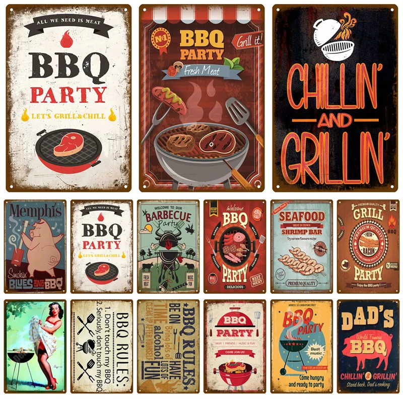 Kovová značka Pleque BBQ Party Time Grill Plate retro maľba železná značka nástenná umenie Obrázok pre záhradu domov obývacia izba dekor