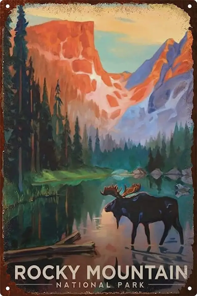 Kovová značka železná maľba, Rocky Mountain National Park Moose in Morning Tin Sign for Home Decor Cafes Bary krčmy