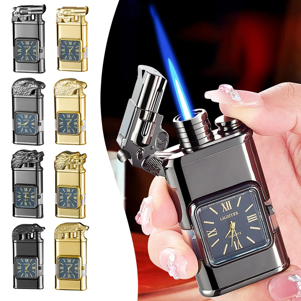 Kovové dvojité plameňové hodinky Zapaľovač vetru odolný turbo bután nafukovacie vizuálne okno Outdoor prenosný prenosný zapaľovač Cigar High End Darček