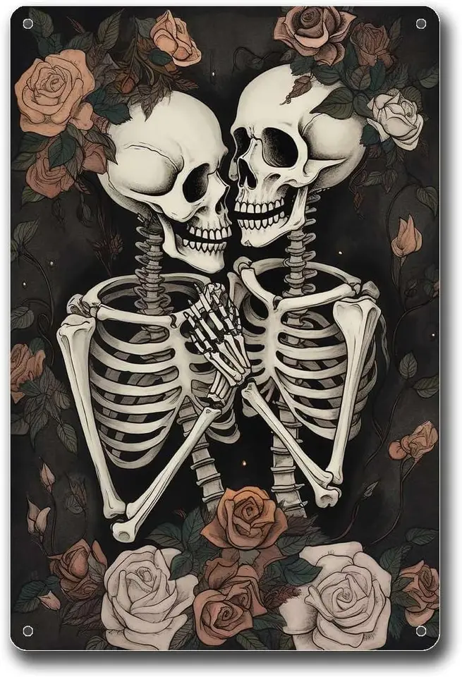 Kovové hliníkové znaky gotická romantická kostra pár Dark Art Print Home Decor Flowers Cottagecore kovové hliníkové značky 8x12inch