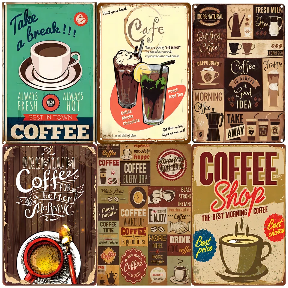 Kovové nástenné umenie s kávou téma Vintage Metal Signs Decor pre obývaciu izbu, kaviareň, spálňu alebo kaviarne kovové značky Vintage