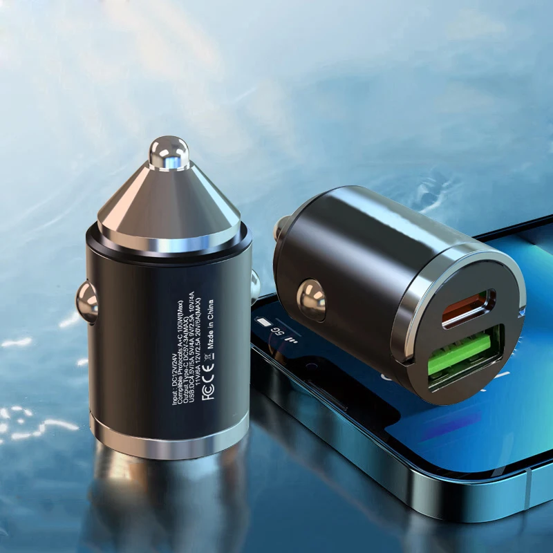 Kovový mini kompaktný PD30W Fast Car Charger Adaptér