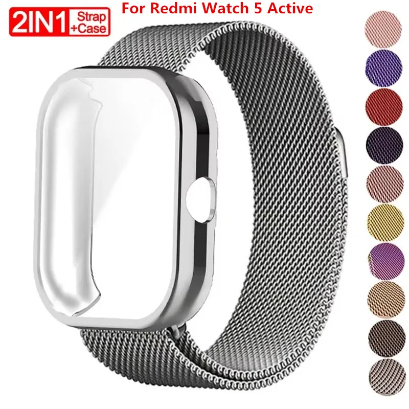 Kovový popruh pre Xiaomi Redmi Watch 5 Active with TPU Case Screen Protector Softfilm Softfilm náhradný Milanese Magnetic Loop WatchBand
