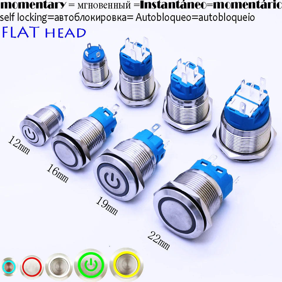 Kovový spínač 5pin 1No1nc plochá hlava, 12 mm 16 mm 22 mm, LED 3-6V/12-24V/220V, sebaklamanie, okamžitý reset, vodotesný
