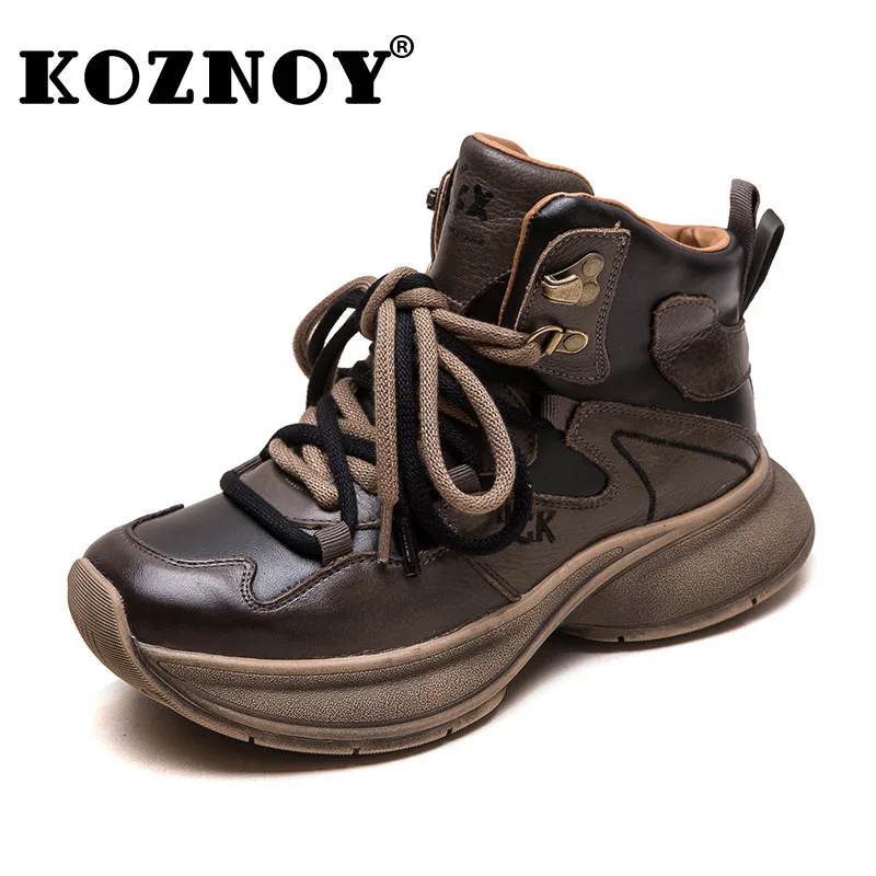 Koznoy 3,5 cm Originálne kožené dámske byty Spring High Brand Platform Plippers Jeseň Lady Vulcanize Chunky Sneakers Loafer Shoes Shoes