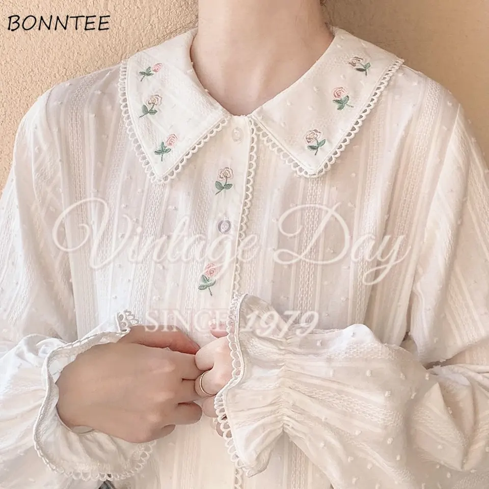 Košele Peter Pan Collar Dámske dlhé rukávy biele dievčatá Vintage kvetinové jarné topy školáčky Kawaii Basic Ins Chic New Atrivals