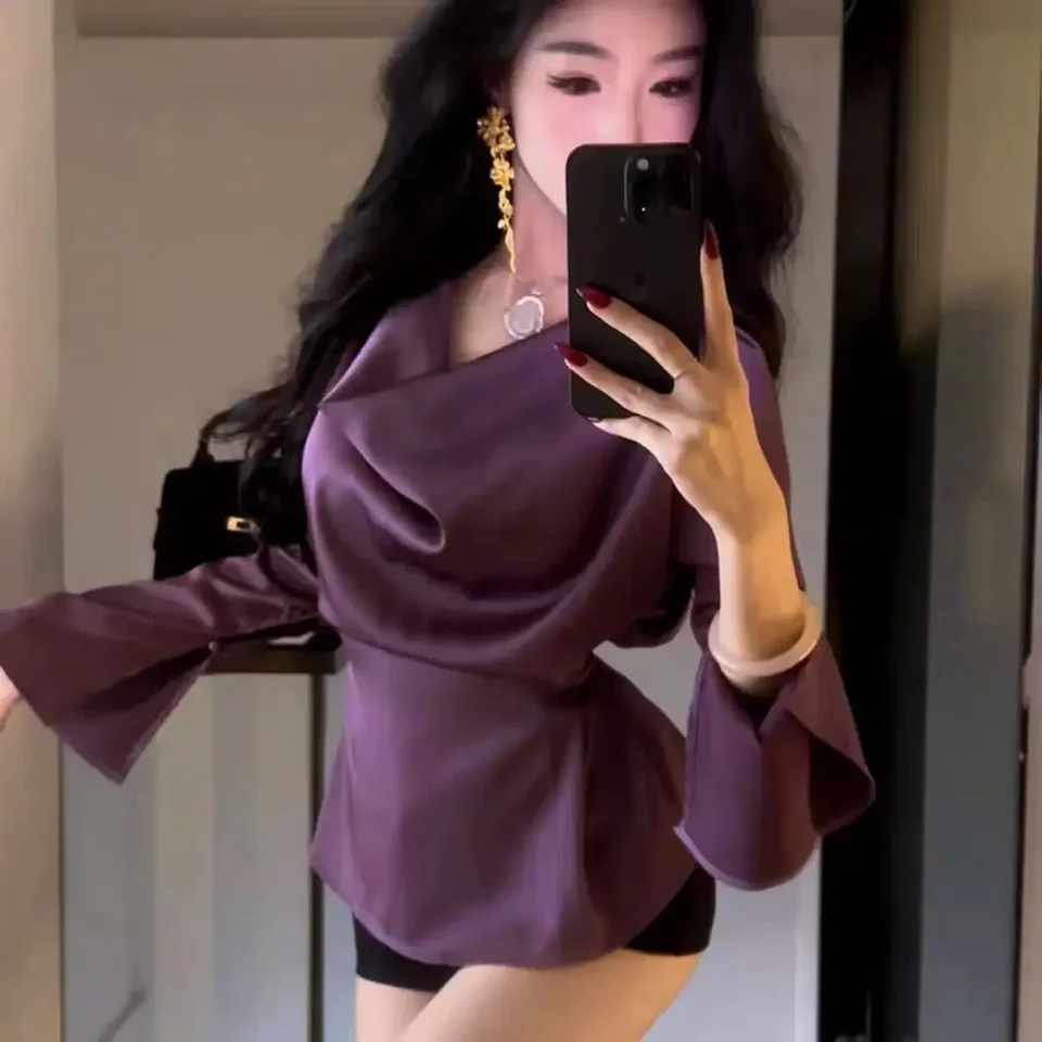 Košeľa ženský elegantný satén s dlhým rukávom Temperament marhuľa Purpurová pile golier čisto farebná francúzska vintage vintage tupý pás sexy vrcholy
