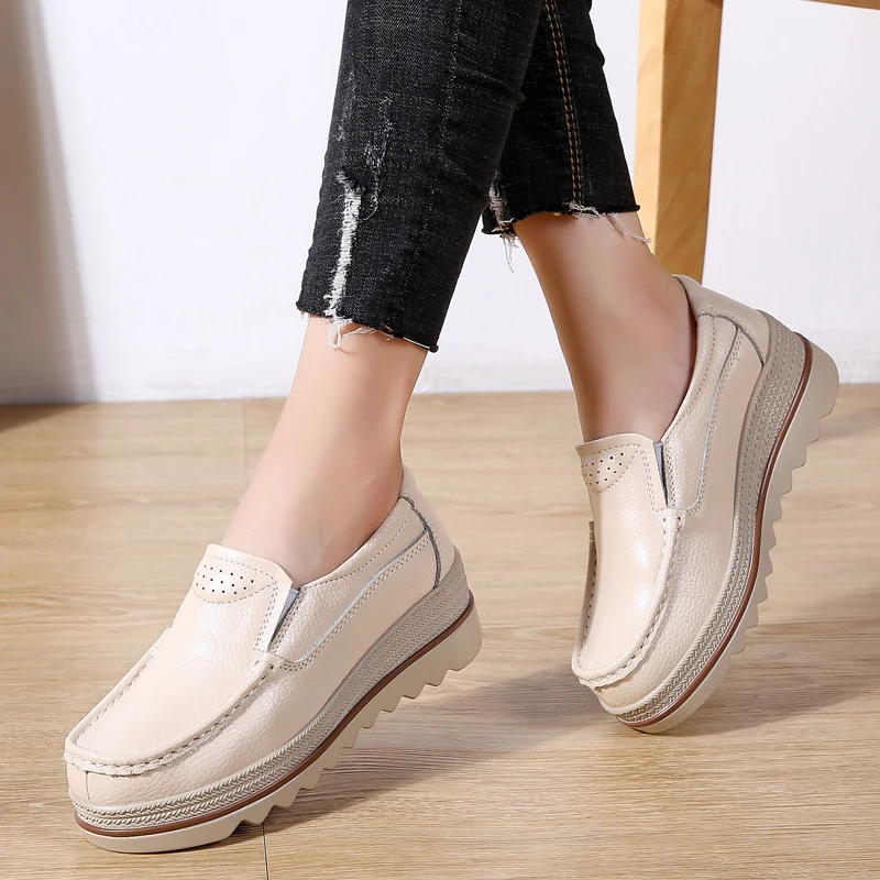 Kožené dámske ploché topánky Plocha Pohodlné dámy robustné tenisky skĺznu na luxusné dámske mokasiniská materské topánky Zapatillas mjer