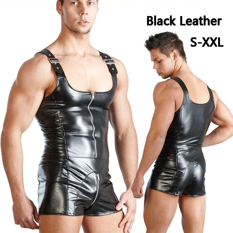 Kožené muži Bodyšľové kraťasy Sexy Bodysuit Čierny mokrýfokoví kombinéza Horúca mužské kostýmy erotické zápasové obleky