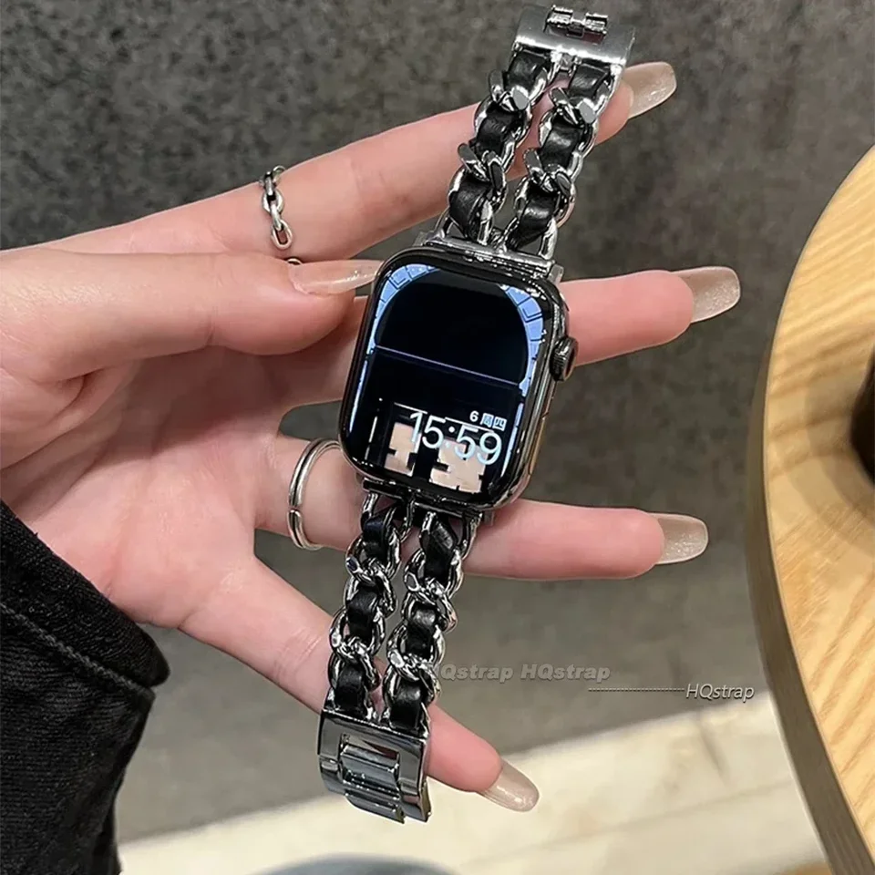 Kožený kovový remienok pre Apple Watch Band 41 mm 40 mm 45 mm 44 mm 38/42 mm 49 mm pre sériu Iwatch 9 SE 6 5 4 7 8 Dámsky náramok Luxusný náramok