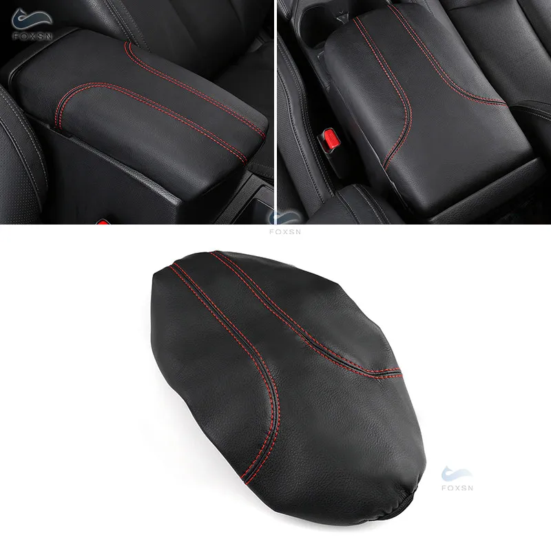 Kožený kryt lakťovej opierky pre Nissan X-Trail Rogue 2014 -20 Center Control Box Cover Elastic Band Trim Čierna červená čiara