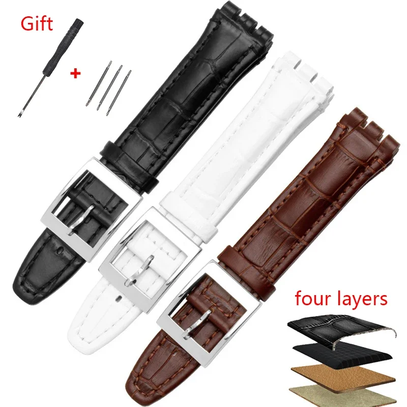 Kožený remienok 17 mm 19 mm pásmo pre Swatch Cowhide Writed Waterproof WatchBands Soft Sport Pohodlný náramok na náramok