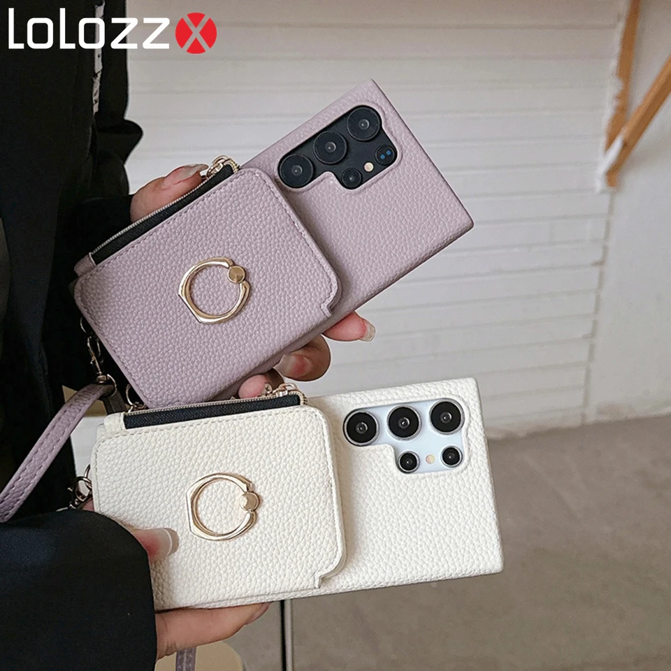 Kožený zips peňaženka Crossbody Lanyard Strap puzdro pre Samsung S24 Ultra S23 Plus S22 A55 A54 5G A15 A35 A25 Držiteľ karty
