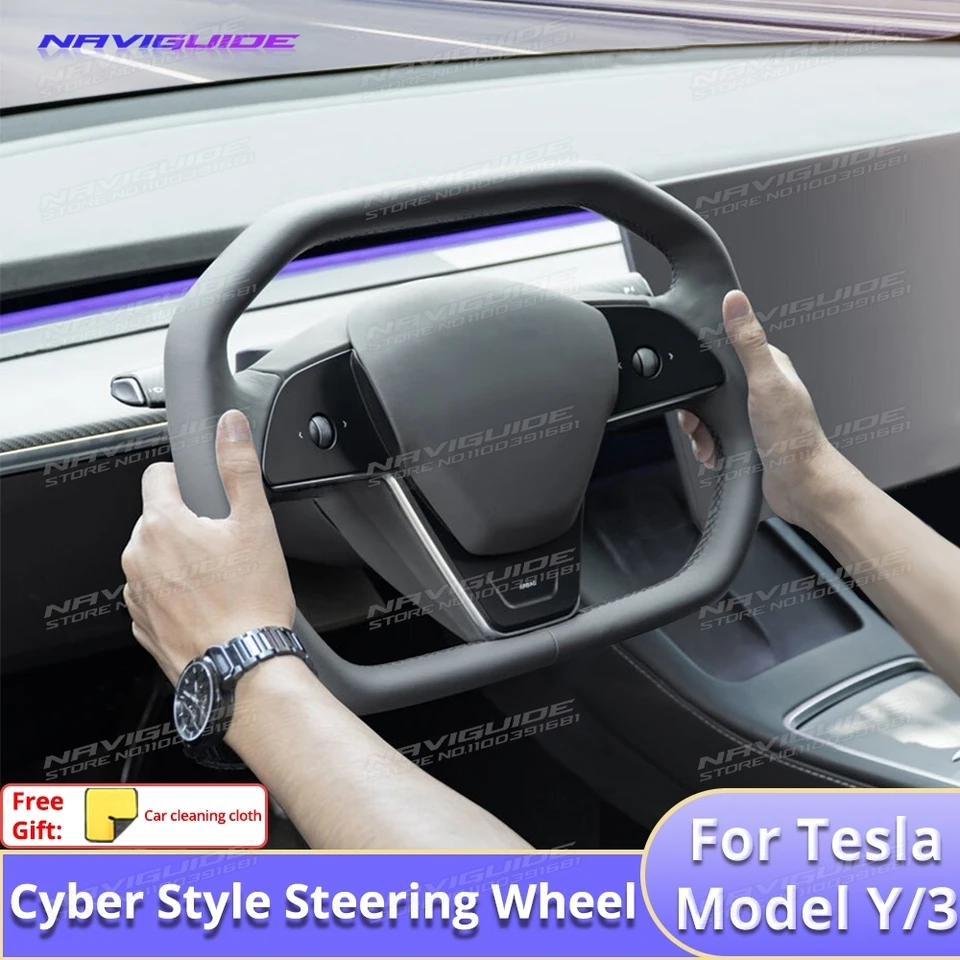 Kožná koža volantu s kybernetickým štýlom Naviguide s vykurovaním pre model Tesla Model Y Model 3 2017 až 2024 (nie pre Highland Model 3)