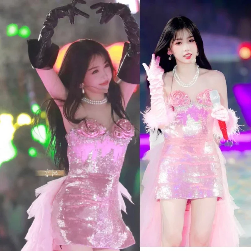 KPOP Korean Singer Concert kostým ružové flitry šaty kvetina rozprávková sukňa sukňa dám