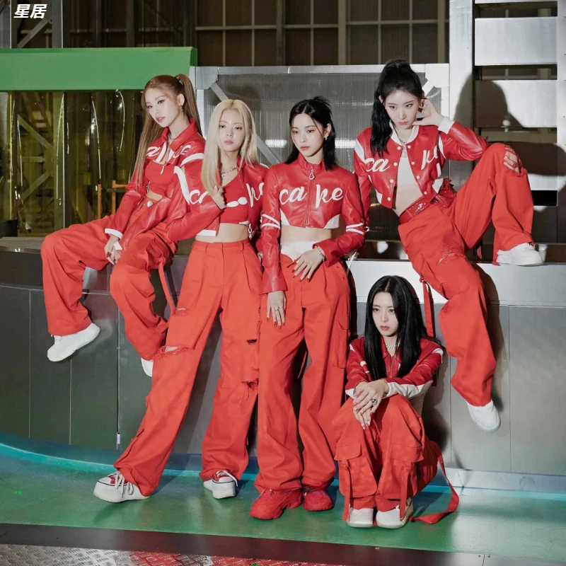 KPOP Women Group Jazz Dance kostým outfit sexy červené zipsové bundy rovné široké nohavice Performance