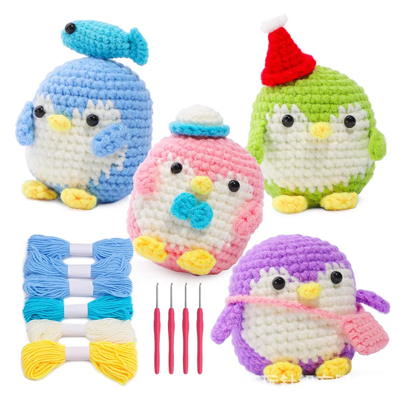 Kraball Penguin Crochet Kit pre začiatočníkov s videom s videom tutoriál bavlnená pletaná priadza niť ihla Hook pletená sada nástrojov DIY Craft