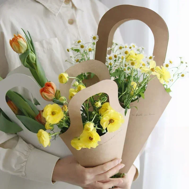 Kraft papierové kvety Prenosné papierové vrecká kužeľ rukoväť kytica baliaci papier Plant Valentín festival darčekový balík box
