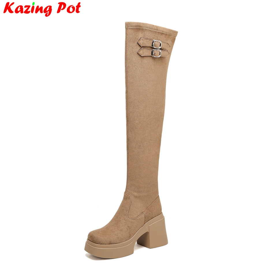 Krazing Pot Flock Round Tow Super podpätky Stretajte s dlhými topánkami zimné topánky Príležitostné elegantné opasky pracky ins ženy s nami-kolenné topánky