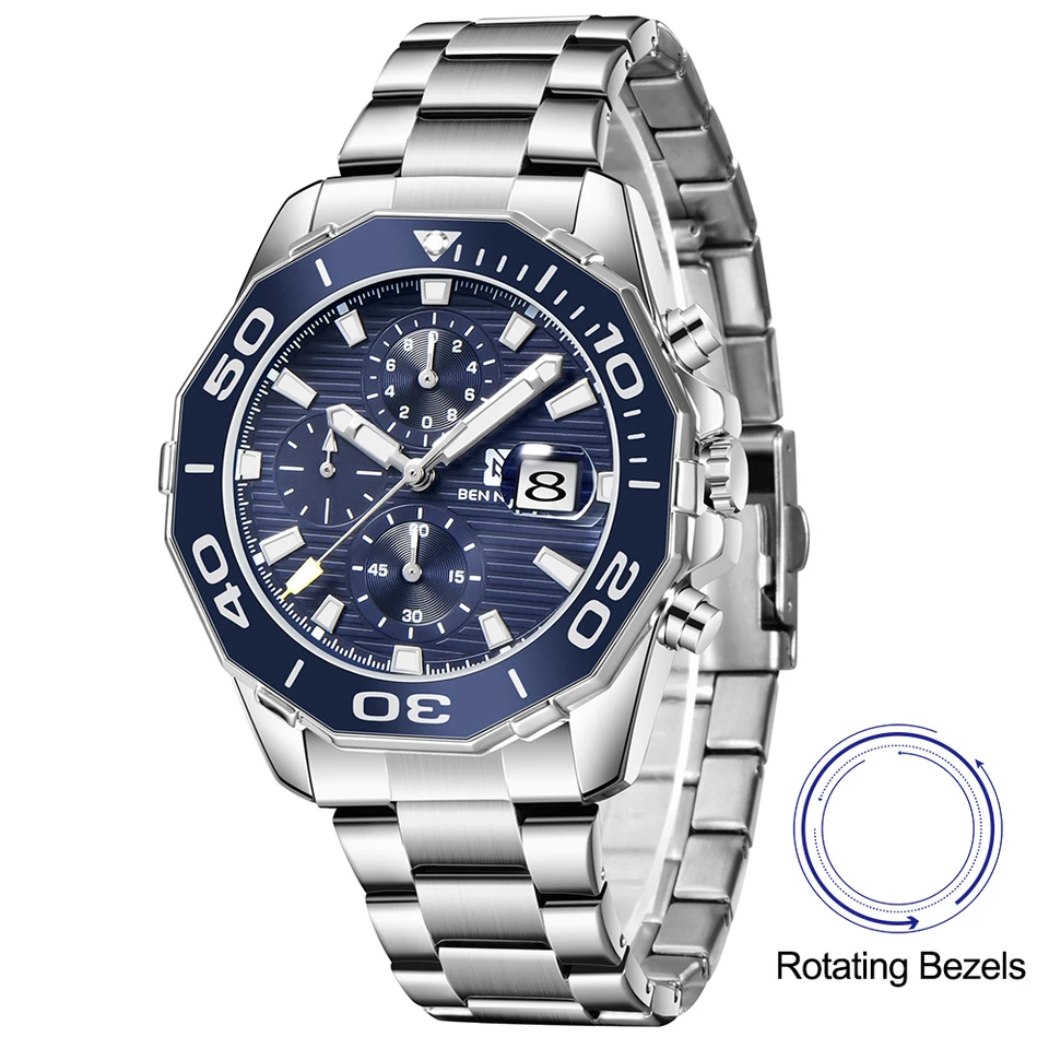 Kreatívna multifunkčná rotácia vytáčania Men sledujú luxusnú nehrdzavejúcu oceľ Chronograph Quartz Wristwatch Business Sport Clock