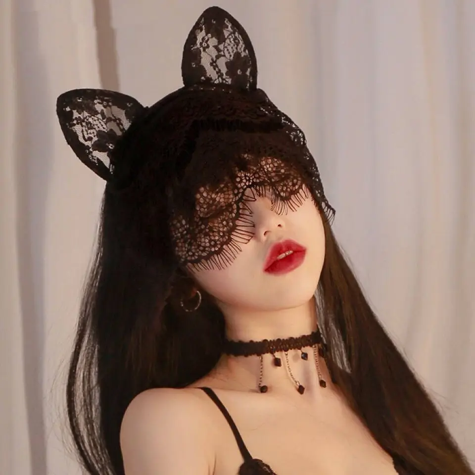 Kreatívna nová čipka s veil Cat Rabbit Ears Ears Hair Band Lady Sexy čelenka čelenky čelenka bakalárske párty klobúky na Valentína