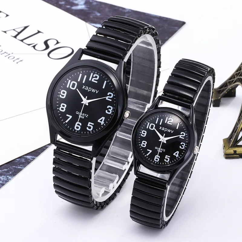 Kreatívna čierna a biela elastická skupina hodinky Starší pár Stretch retro pár hodinky retro starší pár náramok