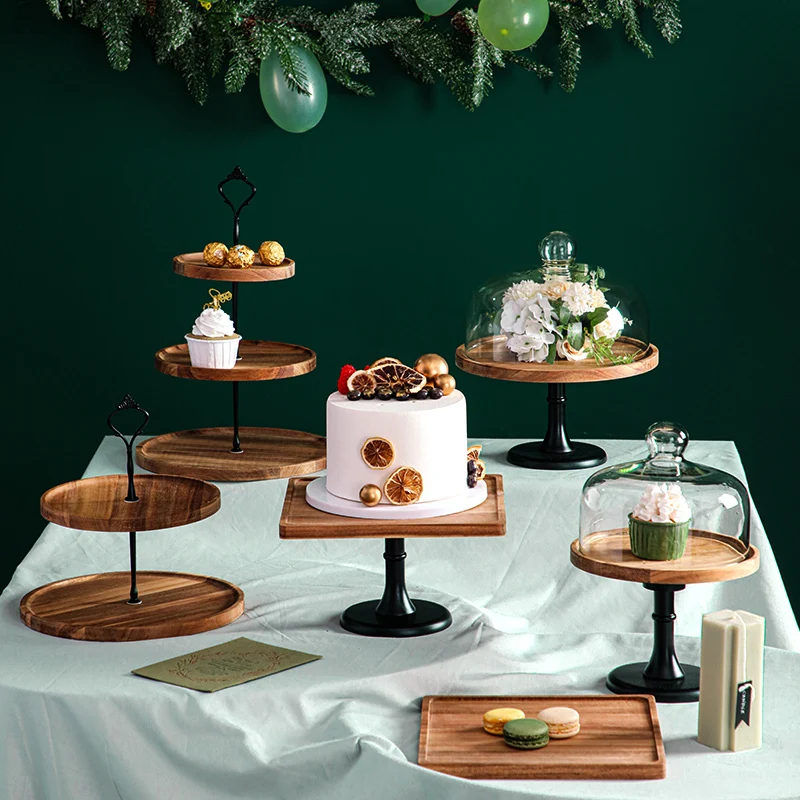 Kreatívne drevený koláč s náradím Dezert Pastry Display Stand Glass Cover Cover Party Dekorácie výzdoba vysoký koláčový podnos domáci dekorácia
