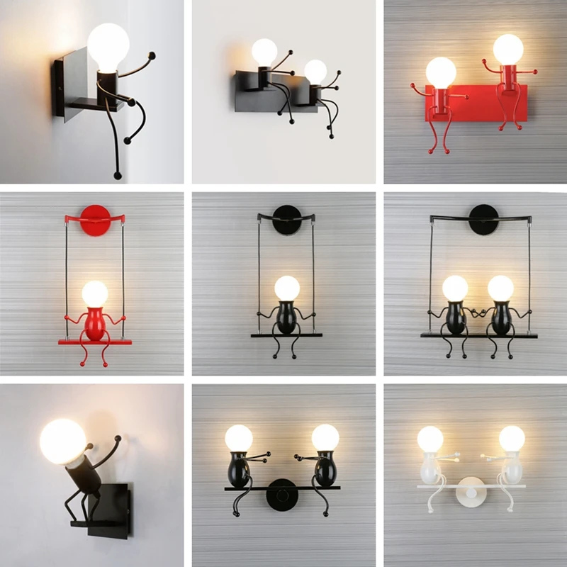 Kreatívne humanoidné LED nástenné svetlo e27 železná karikatúra Little Man Swing Wall lampa dekor pre spálne detská izba Svätie osvetlenie