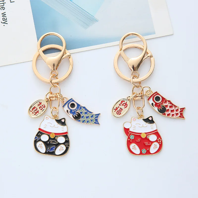Kreatívne japonské šťastie mačky kľúča japonská karikatúra Lady Lucky Metal Key Ring pár Prívesok Dekoratívne doplnky