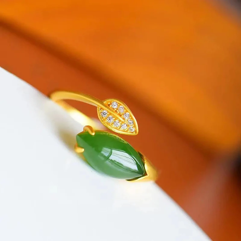 Kreatívne prírodné hetian Jade Jasper Magnolia Marquise Ladies Otvárací otvorenie nastaviteľné čínske vinobranie kúzlo strieborné šperky
