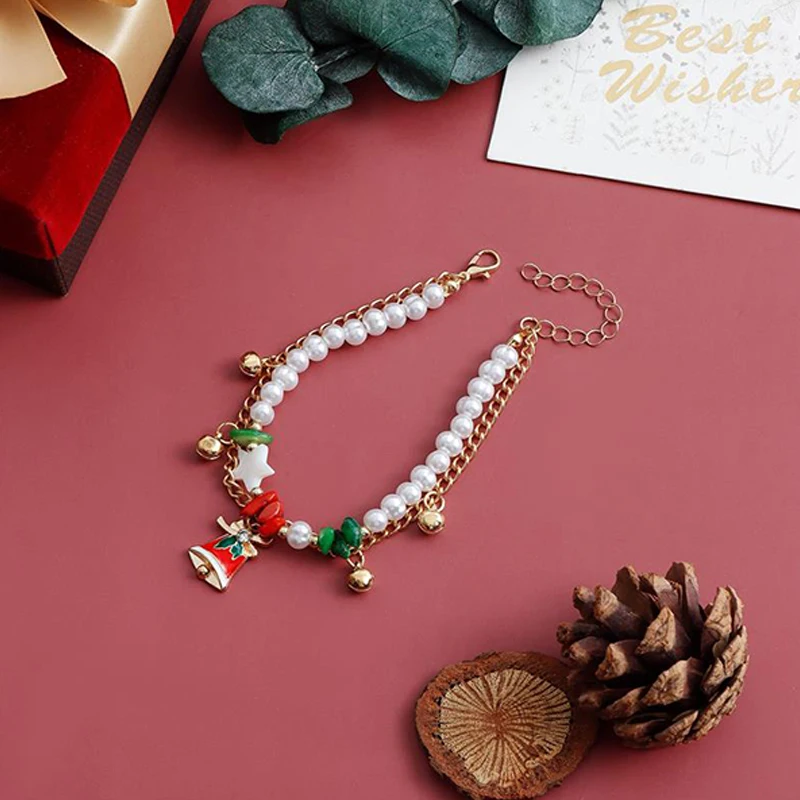 Kreatívne vianočné kovové reťaze Pearl Star Bells Prívesky Náramok s dvojvrstvou na náramok