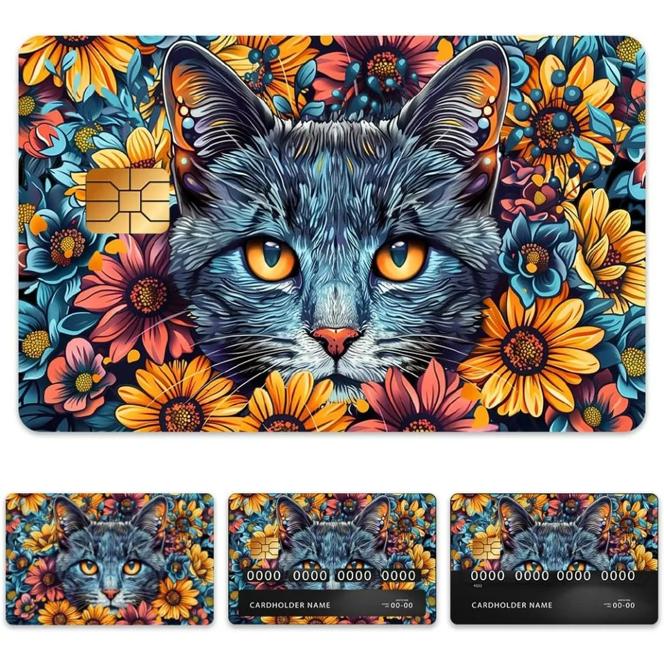Kreditná debetná karta Skin Cover Cover Cat s kvetinou, vodotesným škrabancou a atraktívnou kartou Skin Custom 4 Štýly pre