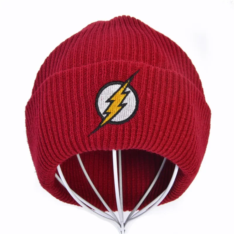 Kreslené vyšívacie unisex zimné klobúky lebky čiapky pletené klobúky Flash Hero Barry Allen vyšíva