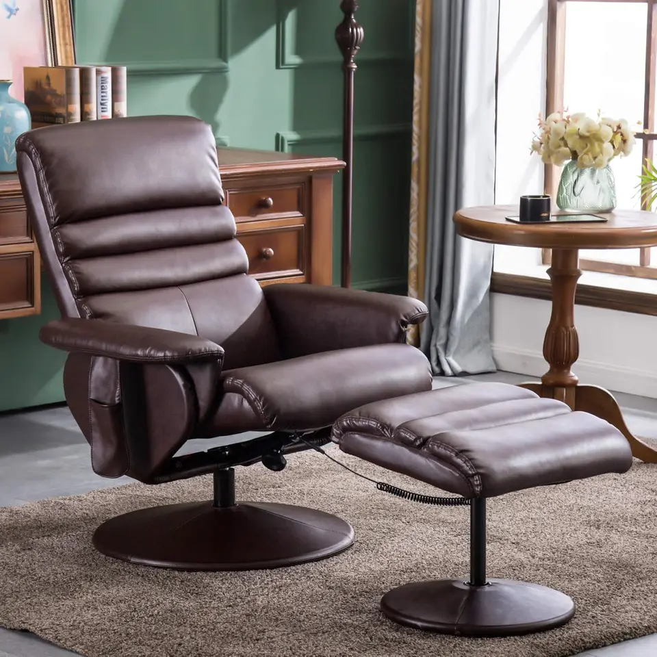 Kreslo s osmanským, ležiacim stoličkou s masážou, 360 otočnej obývacej izby stoličky Faux Leather, 7902 (tmavo hnedá)