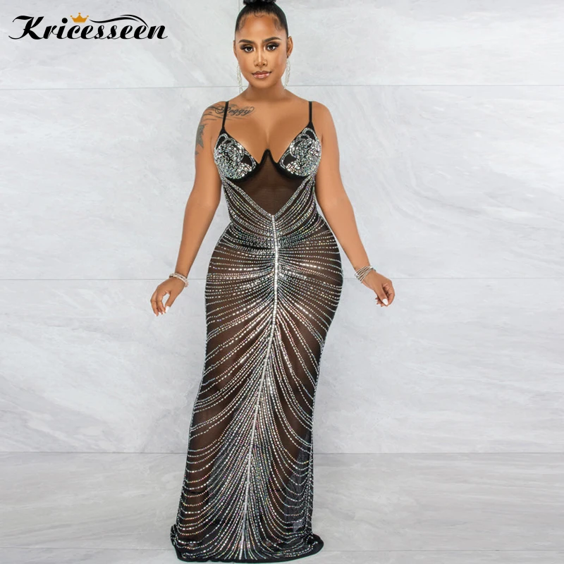 Kriceseny sexy čierne sieťové kryštálové patchworky Maxi šaty nové ženy bez rukávov Pozrite sa cez Bodycon Clubwear Dlhé oblečenie