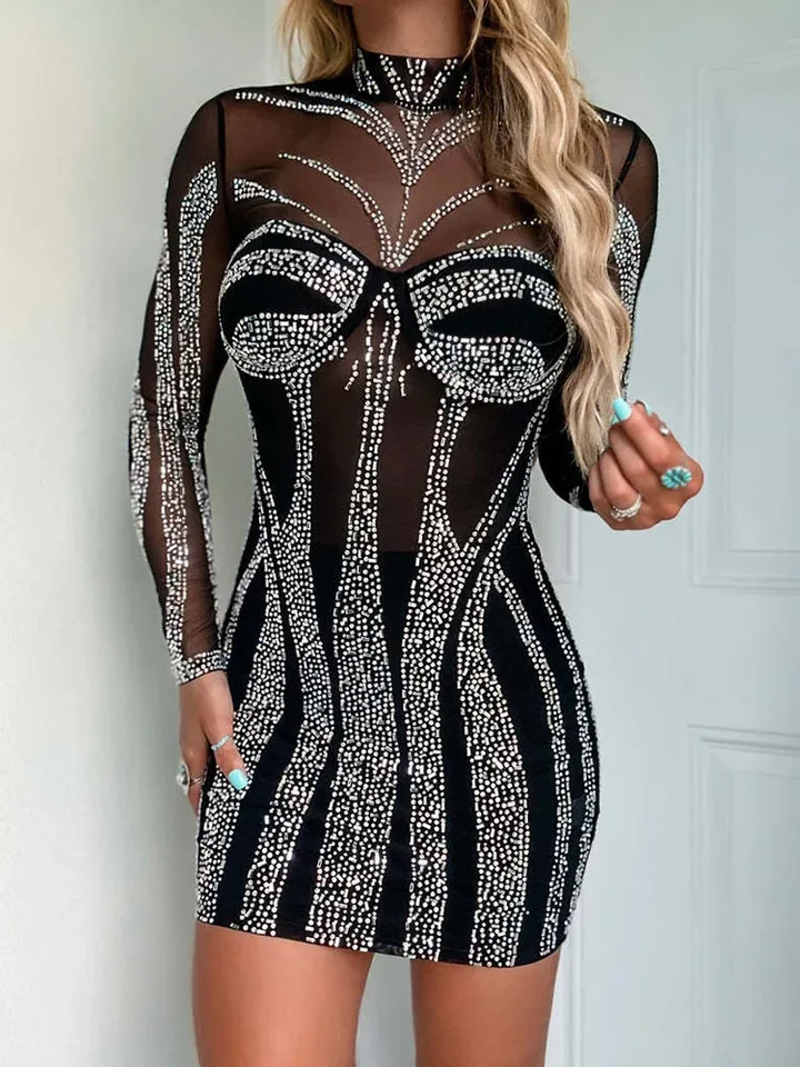 Krištáľové diamanty kamienok k narodeninám narodeniny luxusné ženy elegantné nočné večierok sieťou číre šaty s dlhým rukávom