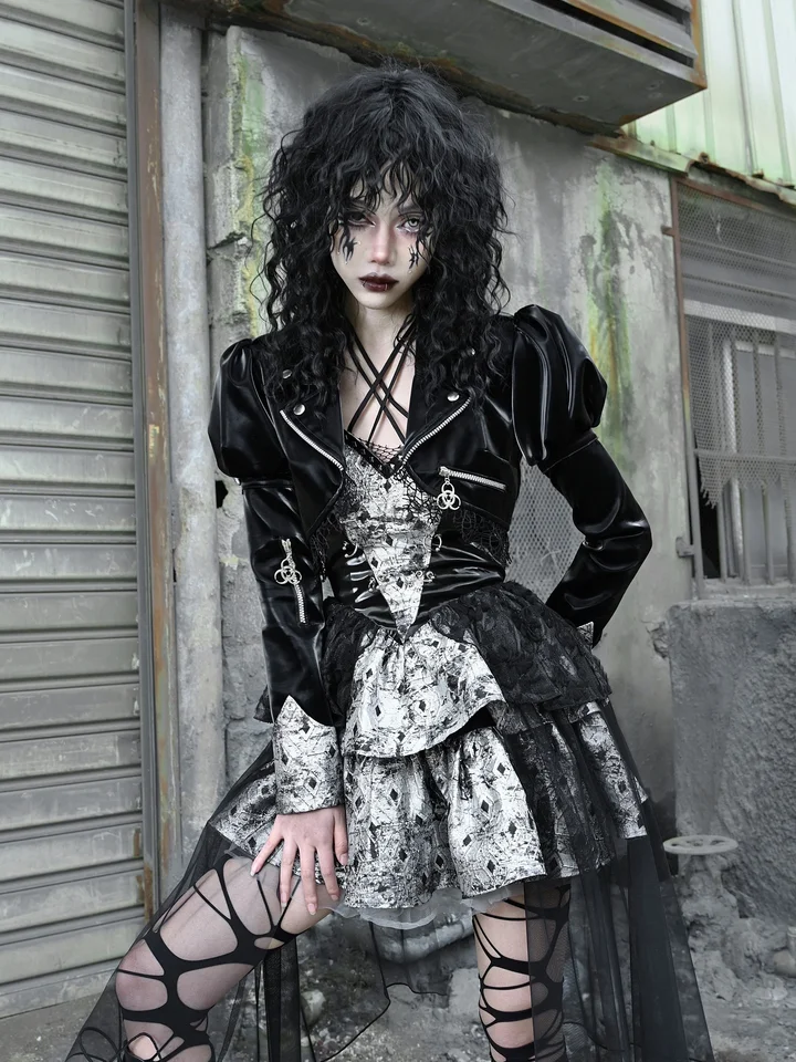 Krv Dodávka Originálny punk pu potápanie dlhým rukávom Motocyklová kožená bunda Pu čierna vesta Goth bundy ženy oblečenie jar