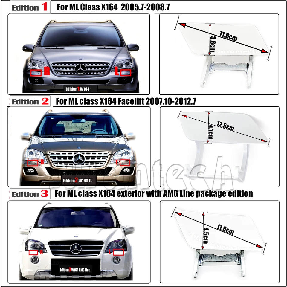 Kryt podložky pre svetlomety pre 05-12 Mercedes-Benz Ml W164 X164 Fit 280 300 320 350 420 450 500 550 63 AMG SUV SUV SUV SUV SUV SUV Spray Dysle Dysle