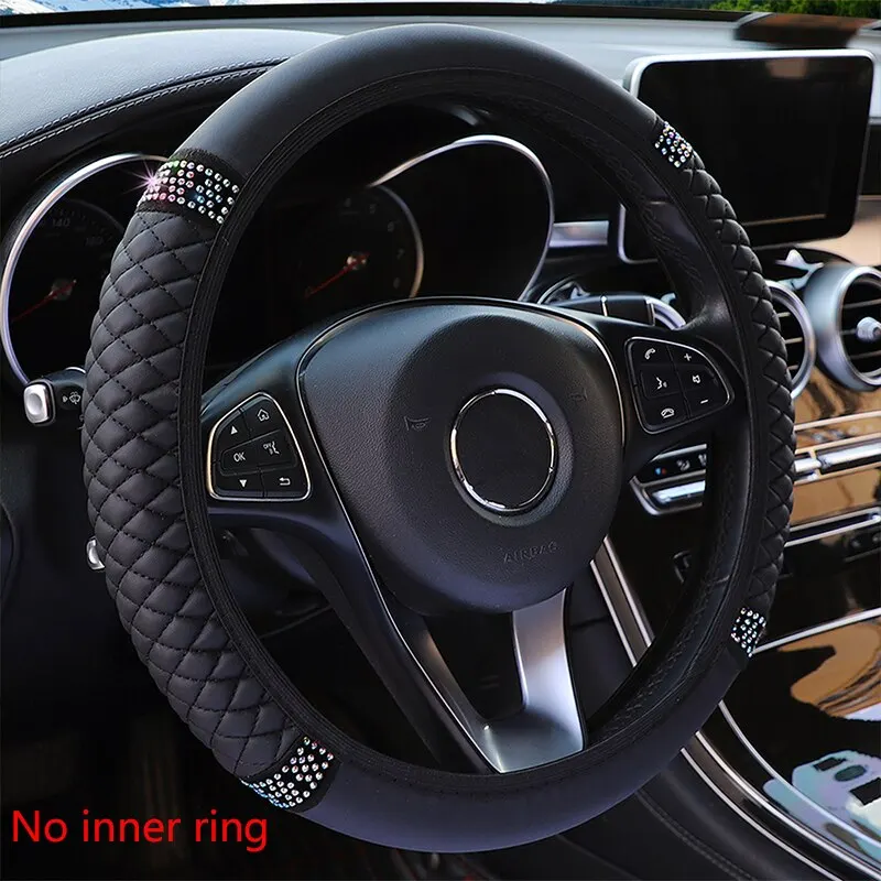 Kryt volantu automobilu bez vnútorného krúžku 37-38 cm trojrozmerné kožené vyšívané farebné diamanty s priedušnou farbou