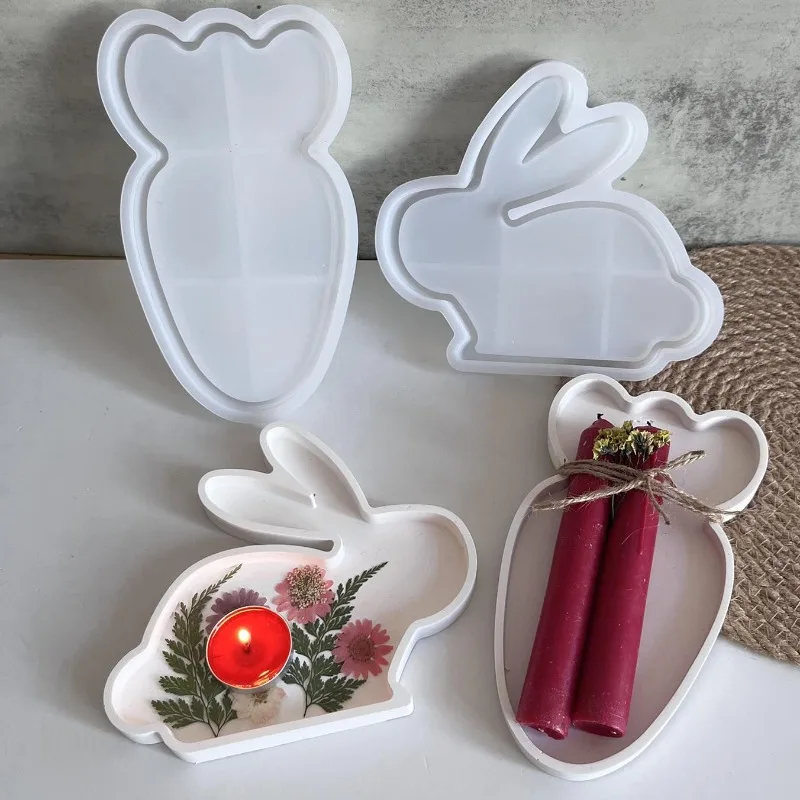 Králikový betónový skladovací podnos silikónovými formami mrkvy Bunny Priepky šperky Displej Tray Plate živici Epoxidová forma Veľkonočné misky