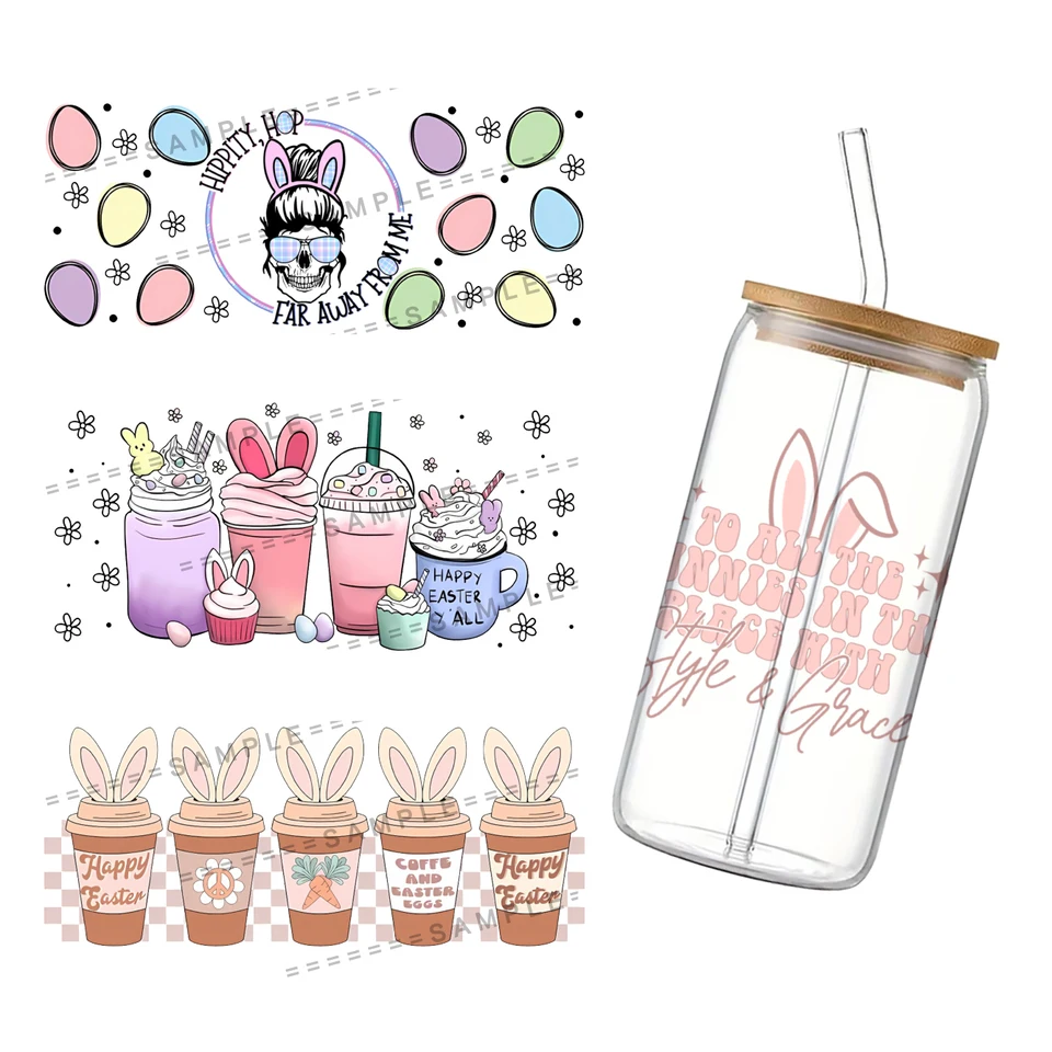Králikový veľkonočné uv DTF Cup Cup pre 16oz Libbey Glass Can prenášať nálepku na prenos