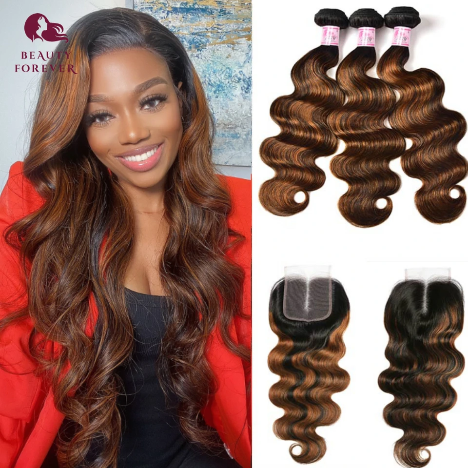 Krása Forever #FB30 BALAYAGE Body Wave Body Humánne vlasové zväzky so zafarbenými ľudskými vlasmi zväzky 3ks so 4x4 čipkovaným uzáverom