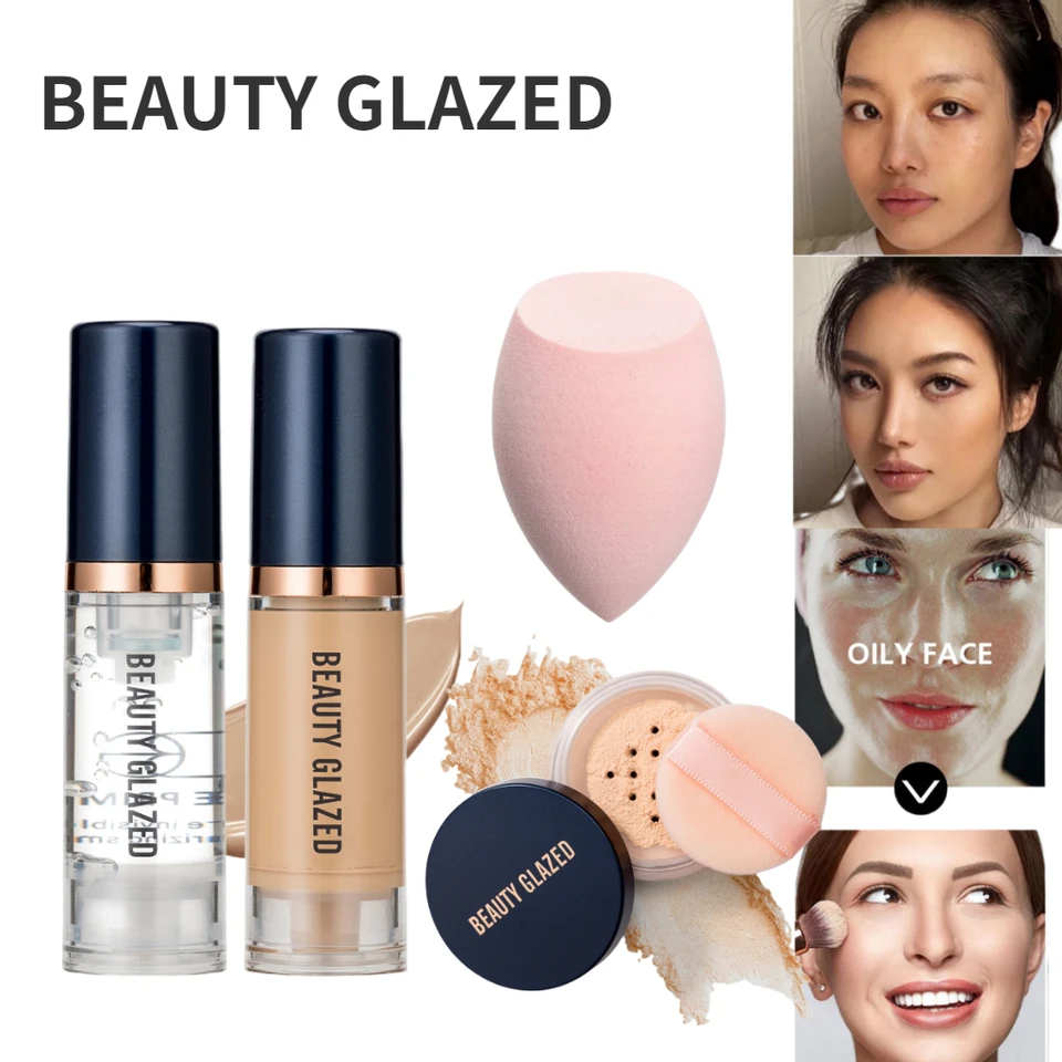 Krása Glazed make-up 4ks setwater nepriestrelný tekutý základ+voľný prášok+primer+pruff, ľahký, riadenie oleja, dlhotrvajúca