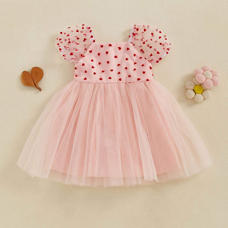 Krásna princezná dievčatko Tylové šaty Puff Ruckve Square Neck Heart Fotoware Toddler A-Line Valentín
