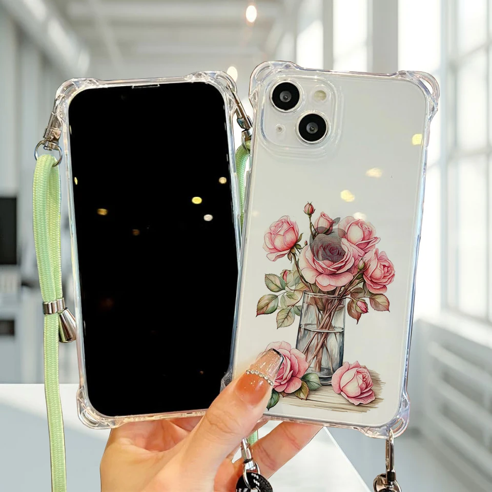Krásna zbierka vázy vhodná pre iPhone 16 prenosné prenosné štvorčierové vybavenie na ochranu rohu zavesením lana a#