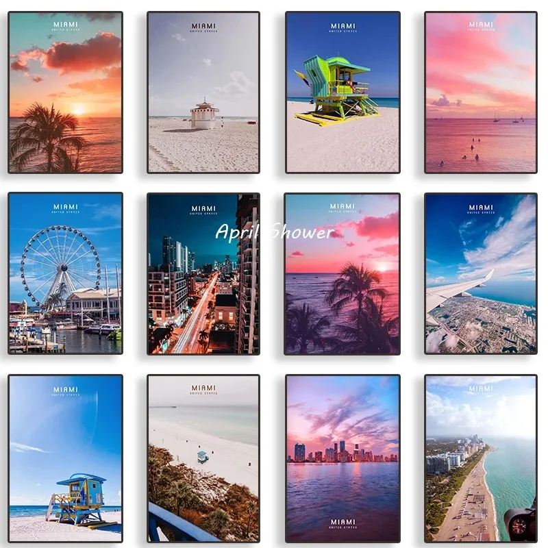 Krásne cestovné mesto Miami Dream Sky Sunset Sunset Nordic Plaghts Canvas Maľba výtlačky nástenné umenie Obrázok pre obývaciu izbu Domovod