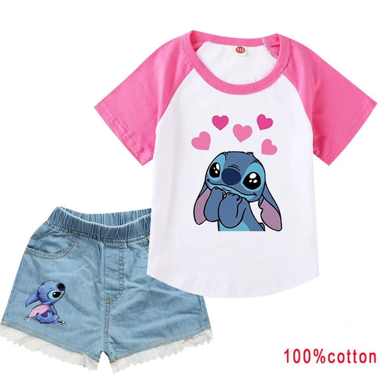 Krásne Lilo a Stitch Clothes Detské tričko Soft Jeans Shorts 2KS Sety Dievčatá oblečenie