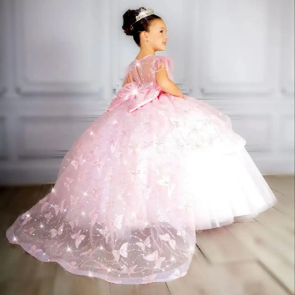 Krásne ružové kvetinové šaty šaty prispôsobené motýľom deti princezná šaty narodeninové oslavy šaty quinceanera dievčenské šaty